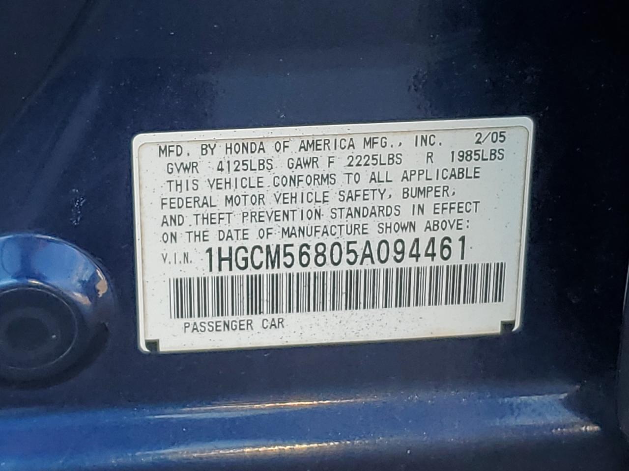 2005 Honda Accord Ex VIN: 1HGCM56805A094461 Lot: 78650814