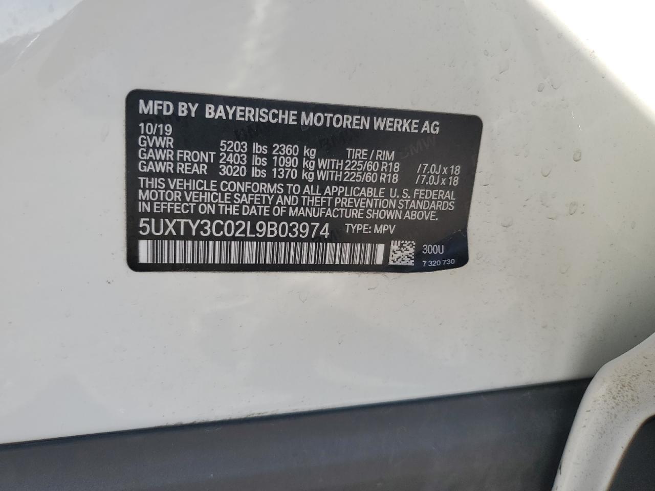 VIN 5UXTY3C02L9B03974 2020 BMW X3 no.14