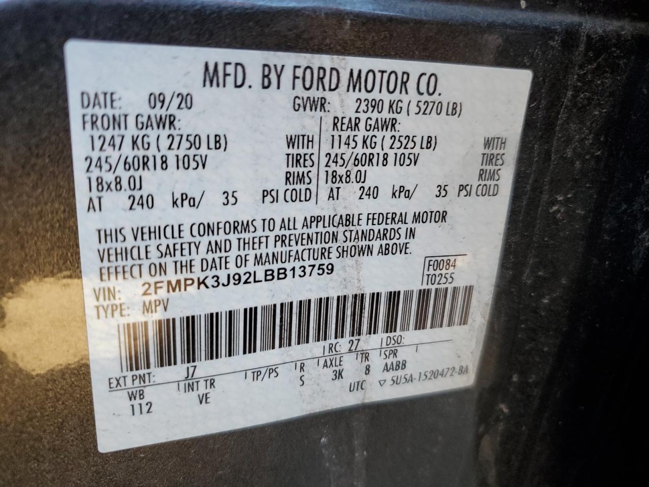 2020 Ford Edge Sel VIN: 2FMPK3J92LBB13759 Lot: 77282654