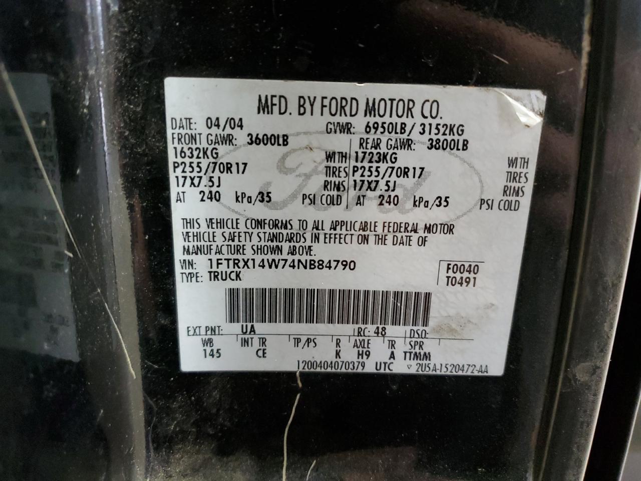 2004 Ford F150 VIN: 1FTRX14W74NB84790 Lot: 81737574