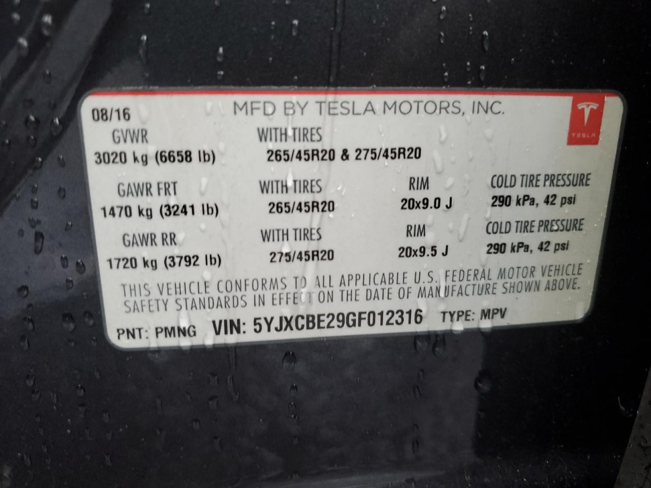 2016 Tesla Model X VIN: 5YJXCBE29GF012316 Lot: 78962224