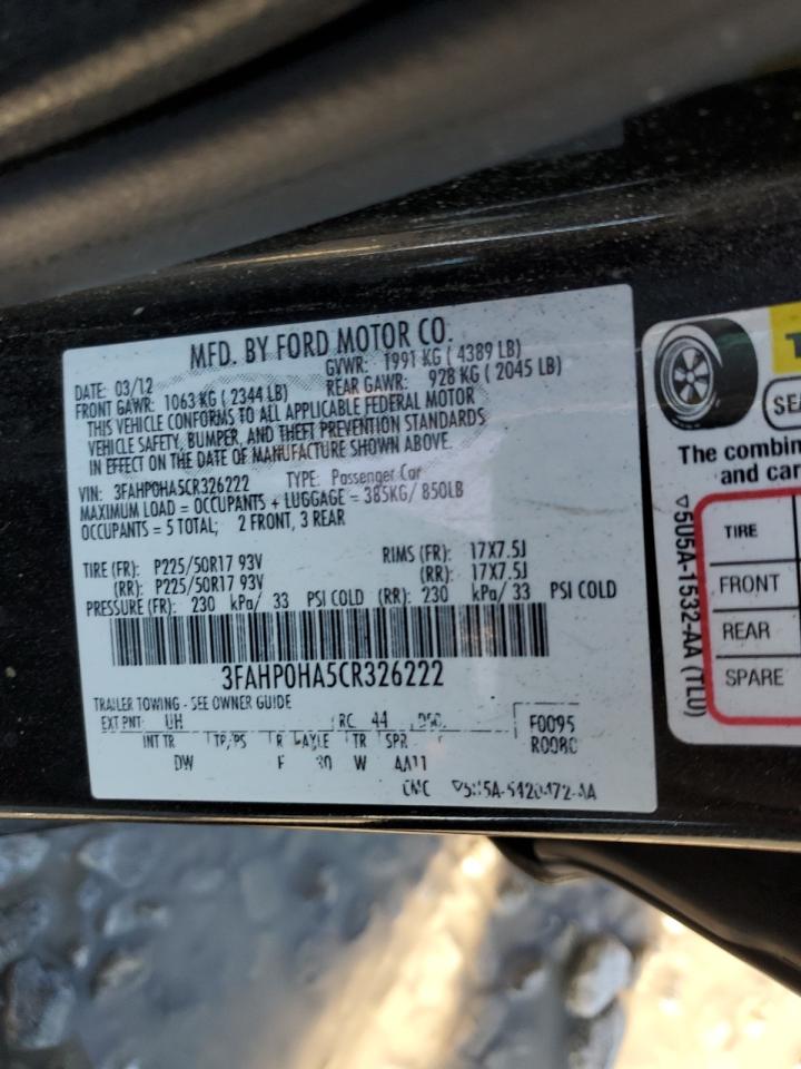 2012 Ford Fusion Se VIN: 3FAHP0HA5CR326222 Lot: 78928164