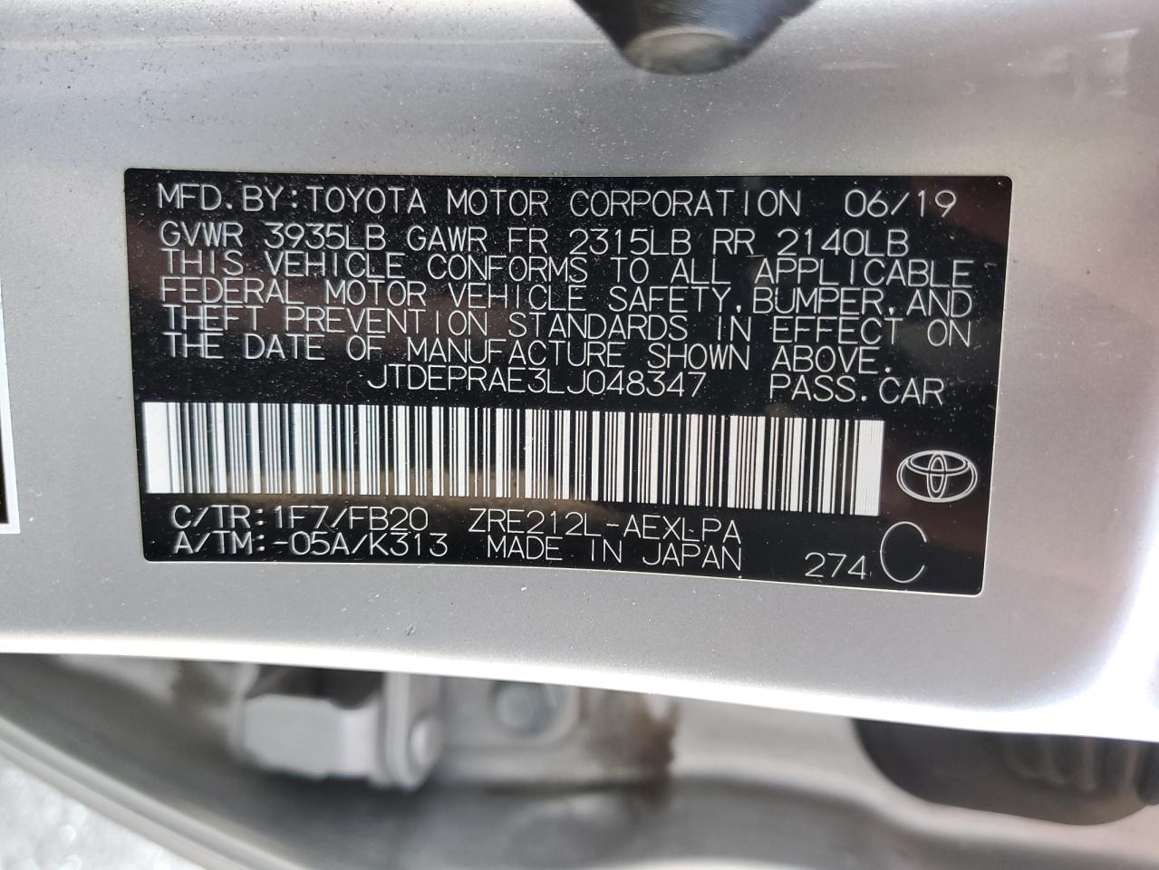 2020 Toyota Corolla Le VIN: JTDEPRAE3LJ048347 Lot: 80370934