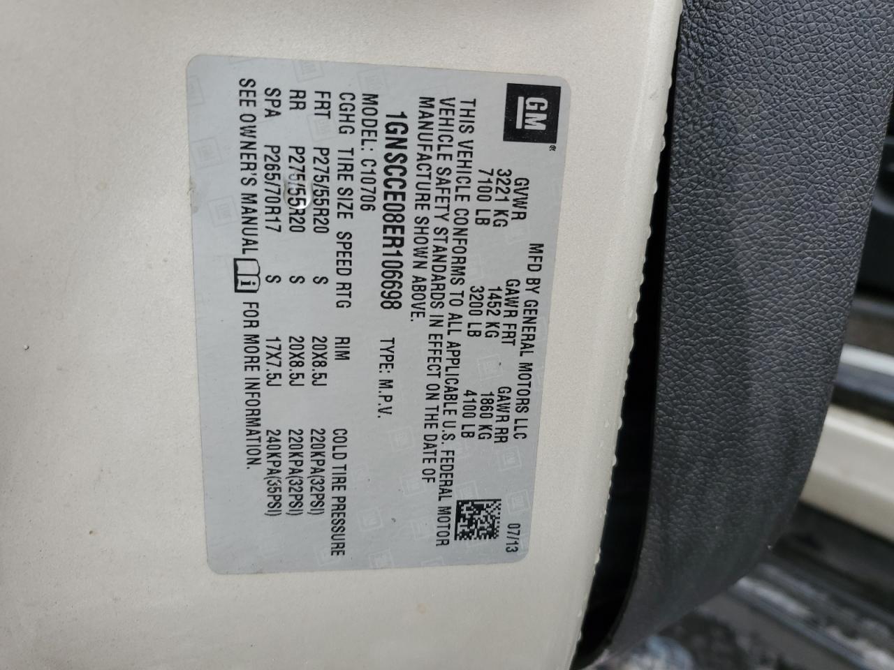 2014 Chevrolet Tahoe C1500 Ltz VIN: 1GNSCCE08ER106698 Lot: 52803935