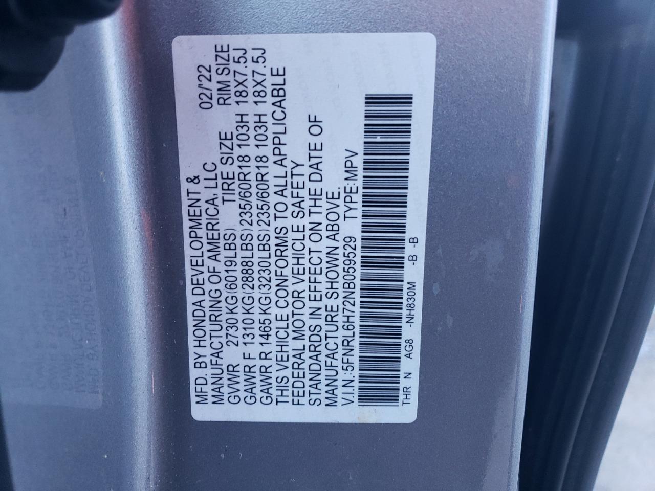 2022 Honda Odyssey Exl VIN: 5FNRL6H72NB059529 Lot: 79142064