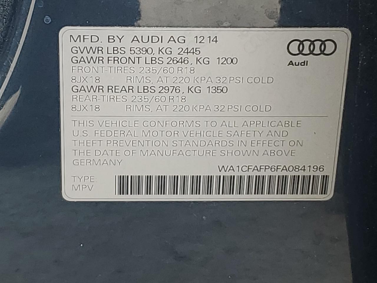 2015 Audi Q5 Premium VIN: WA1CFAFP6FA084196 Lot: 79952894