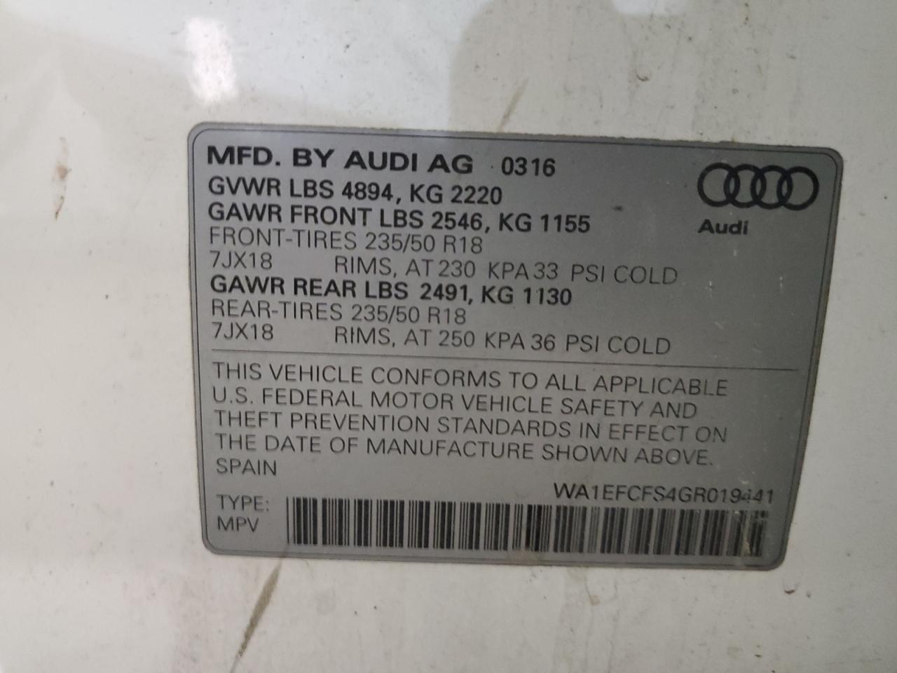 2016 Audi Q3 Premium Plus VIN: WA1EFCFS4GR019441 Lot: 81103574