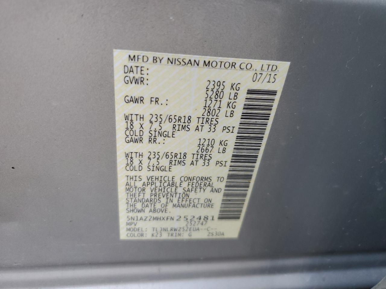 VIN 5N1AZ2MHXFN252481 2015 NISSAN MURANO no.13