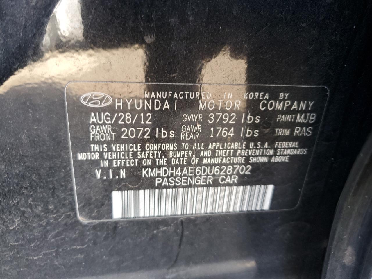 2013 Hyundai Elantra Gls VIN: KMHDH4AE6DU628702 Lot: 79619114