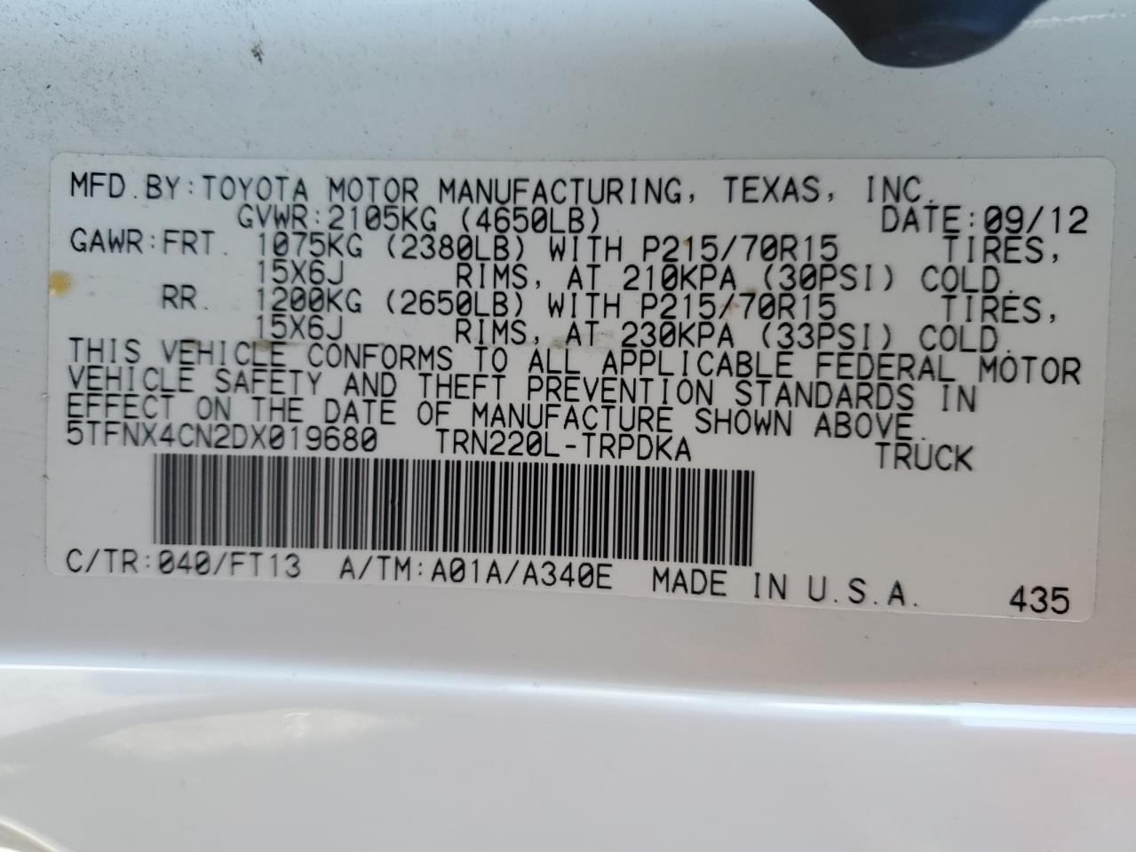 VIN 5TFNX4CN2DX019680 2013 TOYOTA All Models no.13