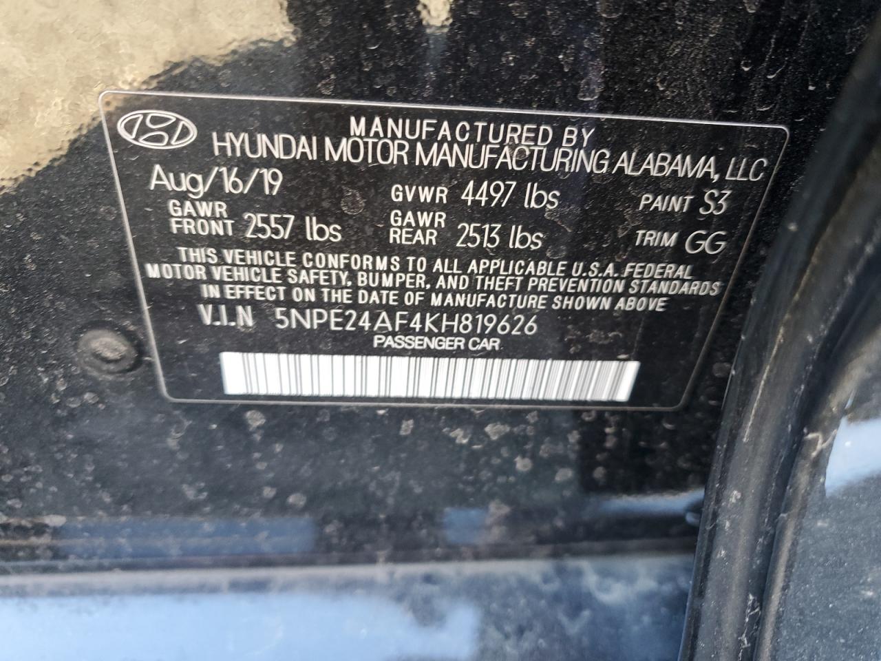 VIN 5NPE24AF4KH819626 2019 HYUNDAI SONATA no.12