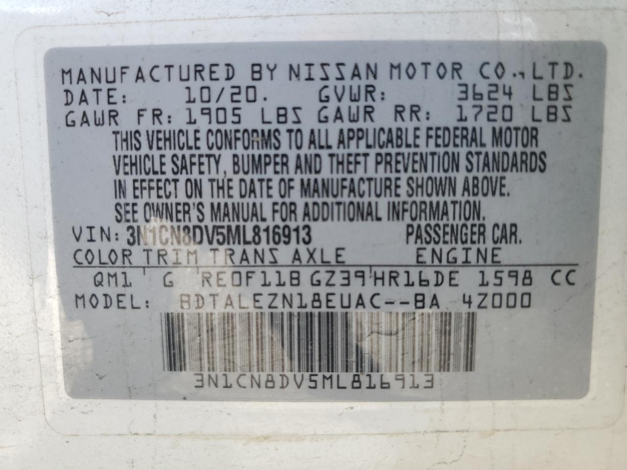 VIN 3N1CN8DV5ML816913 2021 NISSAN VERSA no.13