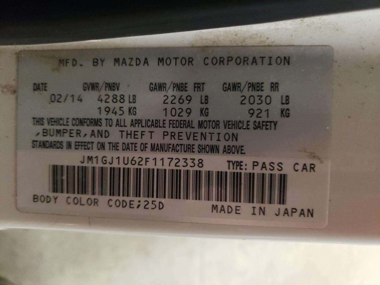 VIN JM1GJ1U62F1172338 2015 MAZDA 6 no.12