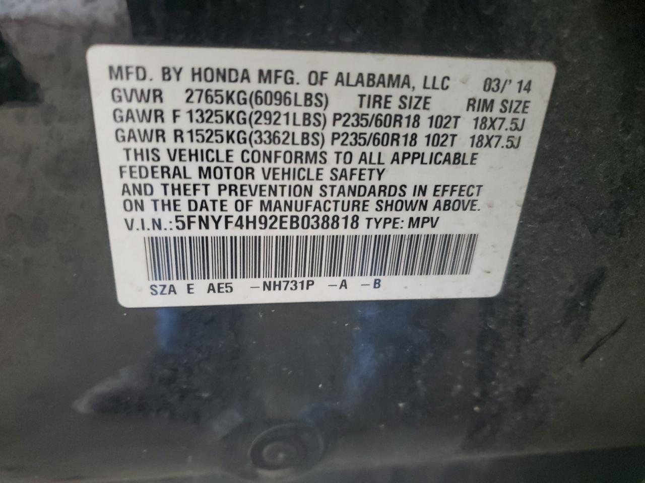 VIN 5FNYF4H92EB038818 2014 HONDA PILOT no.13