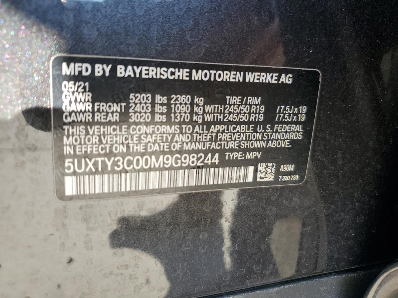 2021 BMW X3 Sdrive30I VIN: 5UXTY3C00M9G98244 Lot: 80634014