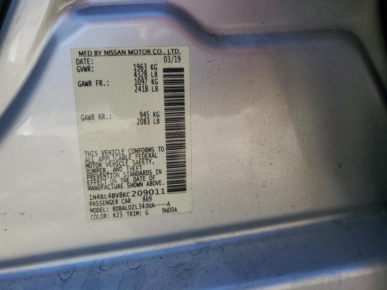 1N4BL4BV8KC209011 2019 NISSAN ALTIMA - Image 14