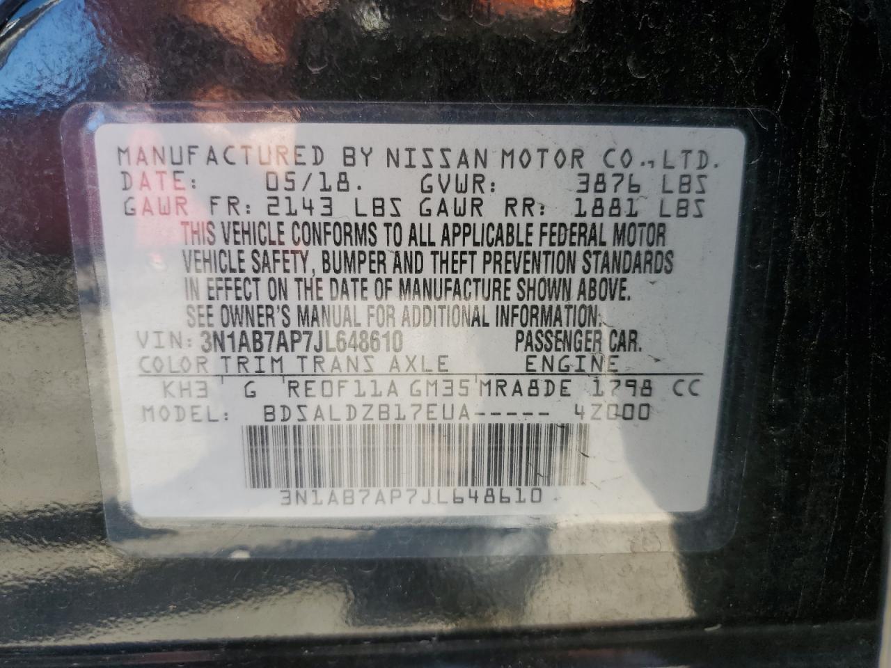 2018 Nissan Sentra S VIN: 3N1AB7AP7JL648610 Lot: 79142314