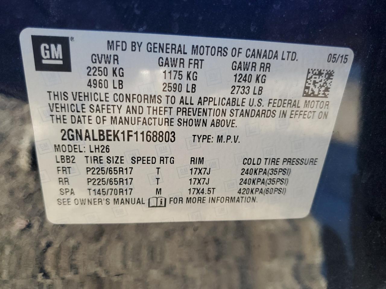 2015 Chevrolet Equinox Lt VIN: 2GNALBEK1F1168803 Lot: 80478964