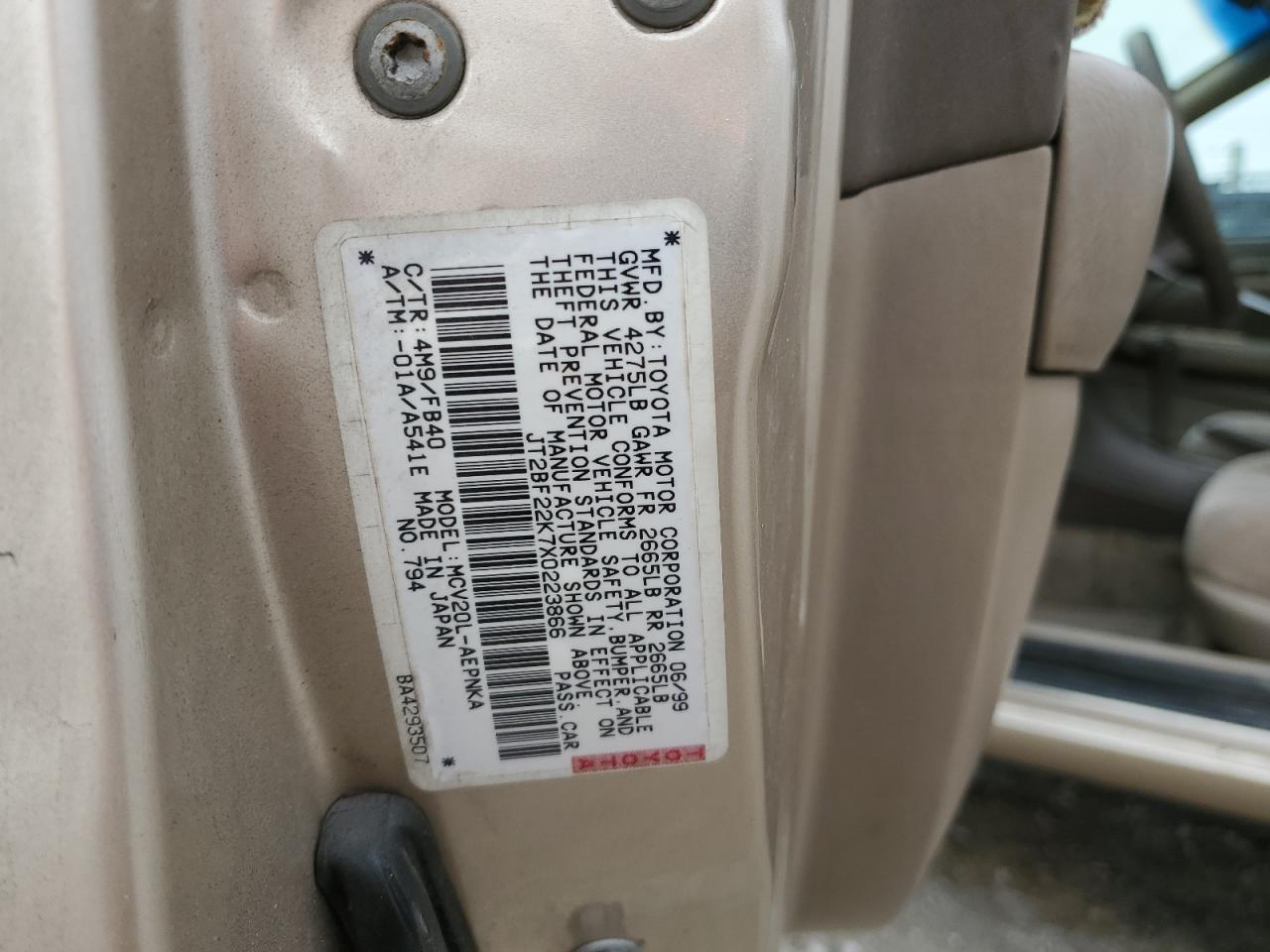 1999 Toyota Camry Le VIN: JT2BF22K7X0223866 Lot: 82646064
