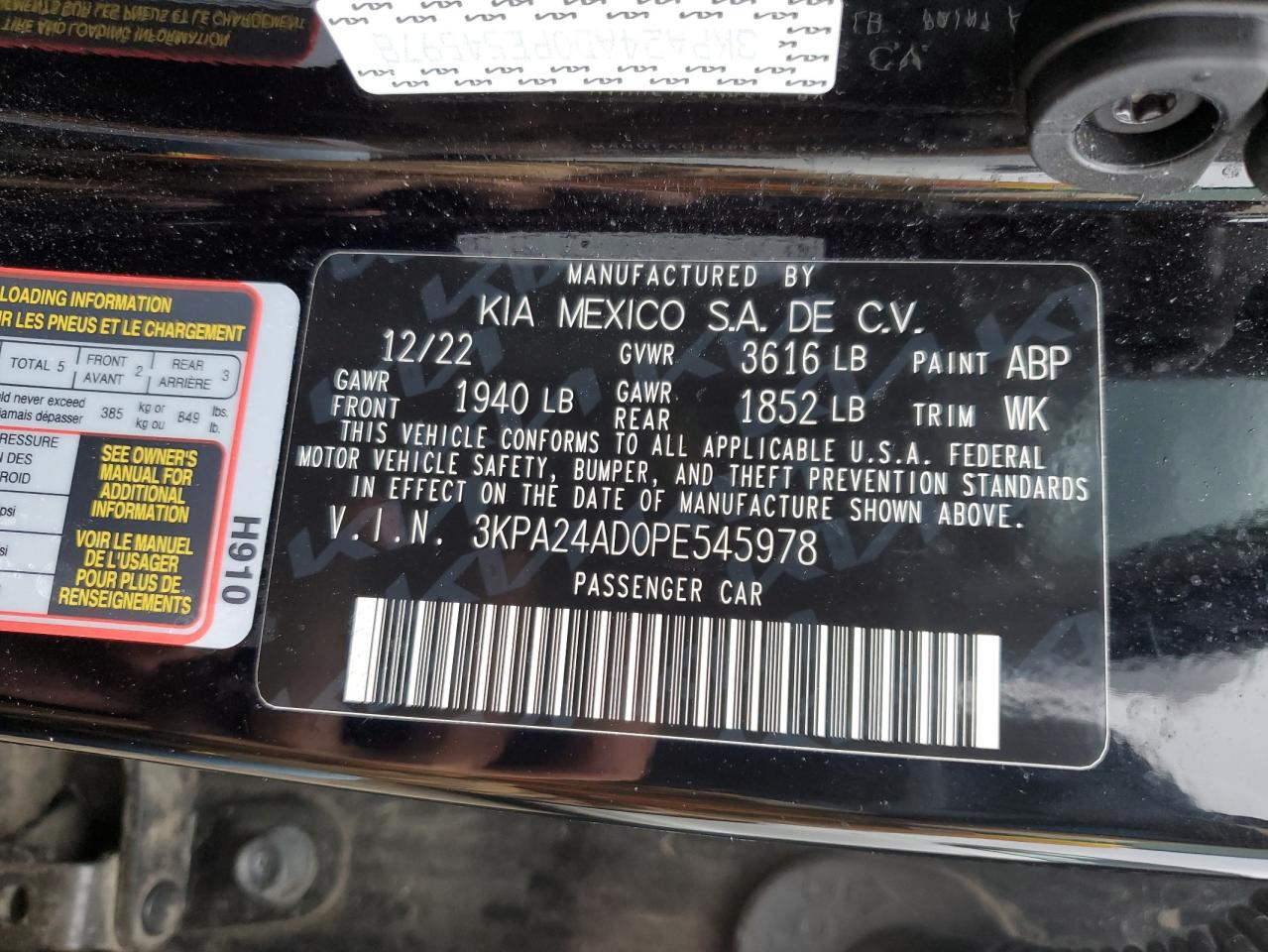 2023 Kia Rio Lx VIN: 3KPA24AD0PE545978 Lot: 79224314