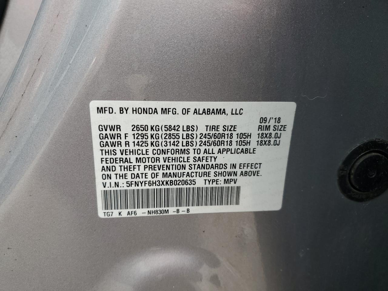 VIN 5FNYF6H3XKB020635 2019 HONDA PILOT no.13