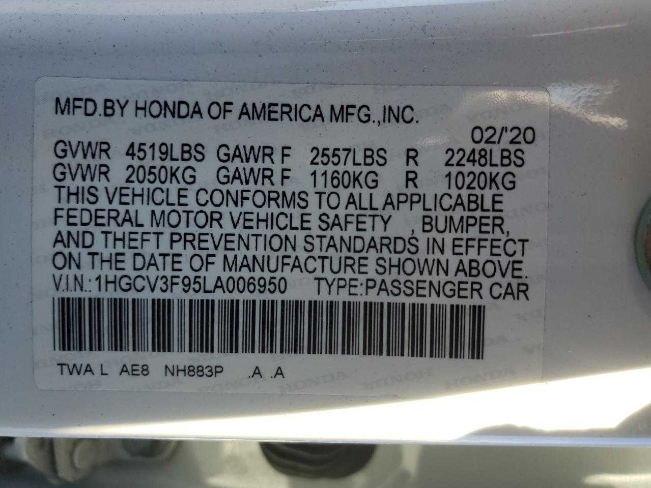 VIN 1HGCV3F95LA006950 2020 HONDA ACCORD no.12