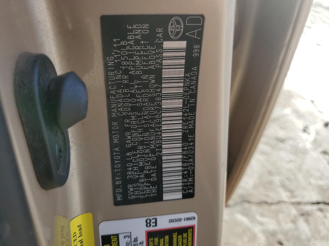 2011 Toyota Corolla Base VIN: 2T1BU4EE9BC738347 Lot: 81559934