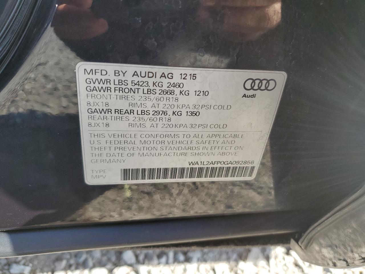 2016 Audi Q5 Premium Plus VIN: WA1L2AFP0GA092856 Lot: 75890604