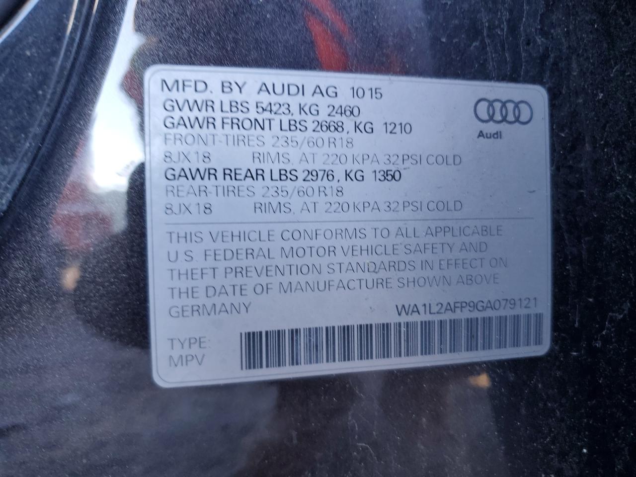 2016 Audi Q5 Premium Plus VIN: WA1L2AFP9GA079121 Lot: 80036424