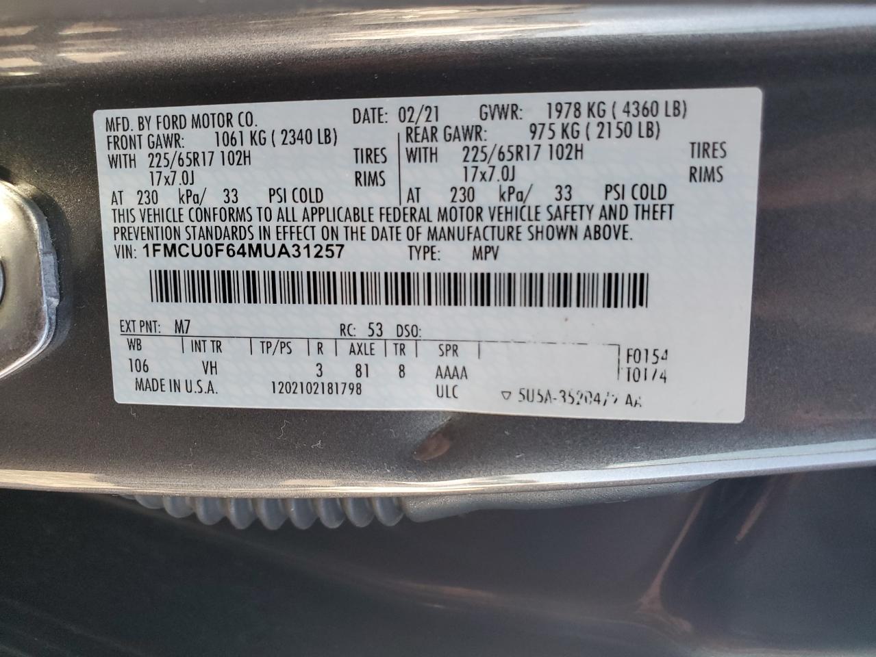 2021 Ford Escape S VIN: 1FMCU0F64MUA31257 Lot: 80021134