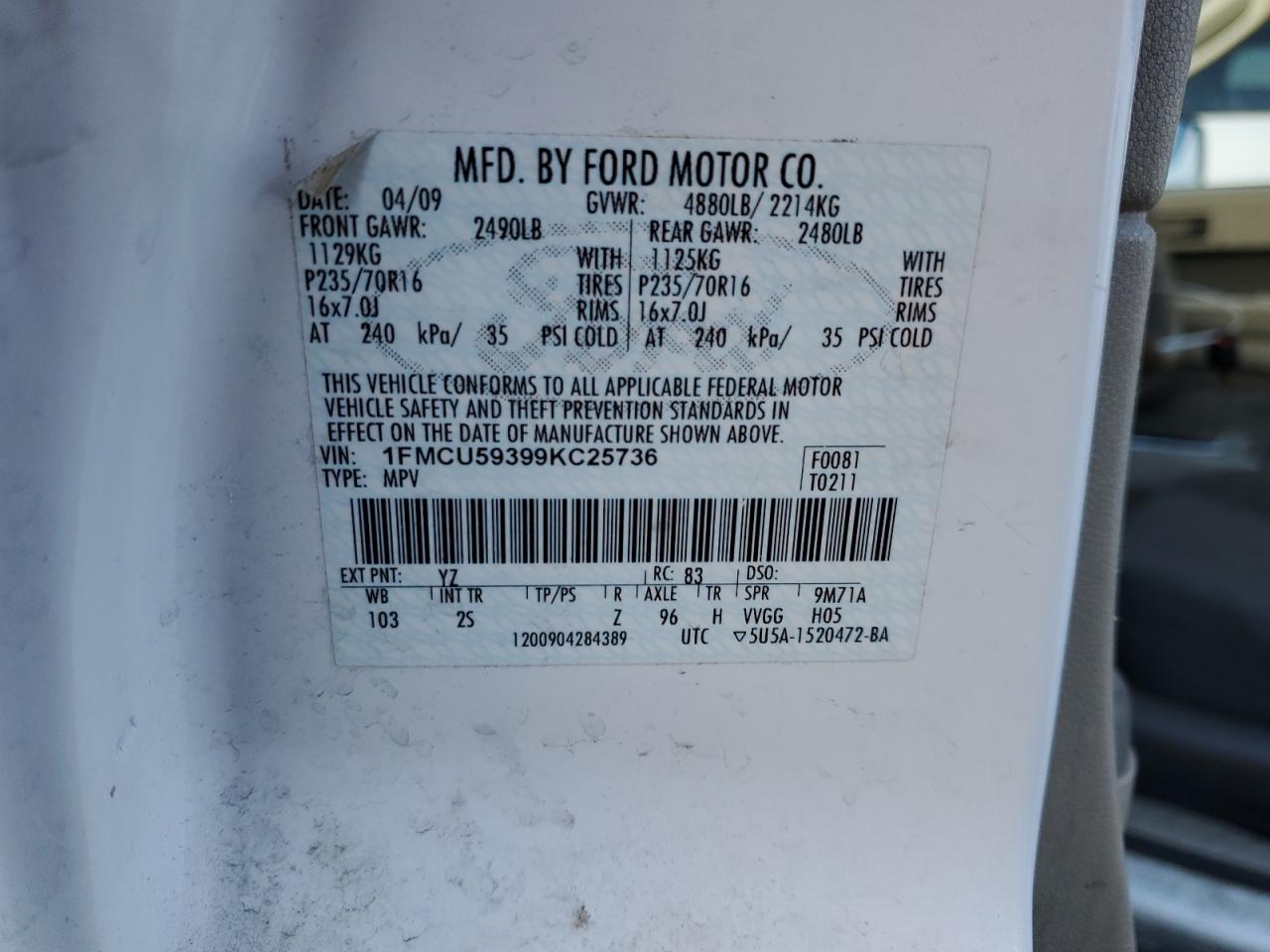 2009 Ford Escape Hybrid VIN: 1FMCU59399KC25736 Lot: 79778564