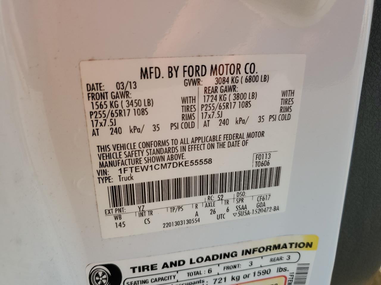 2013 Ford F150 Supercrew VIN: 1FTEW1CM7DKE55558 Lot: 80749034