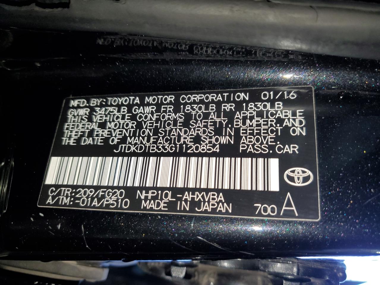 2016 Toyota Prius C VIN: JTDKDTB33G1120854 Lot: 79678664