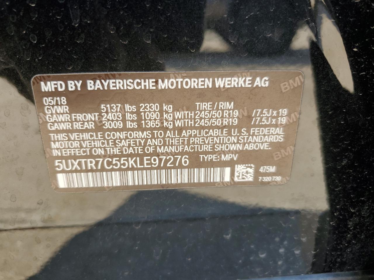 VIN 5UXTR7C55KLE97276 2019 BMW X3 no.14