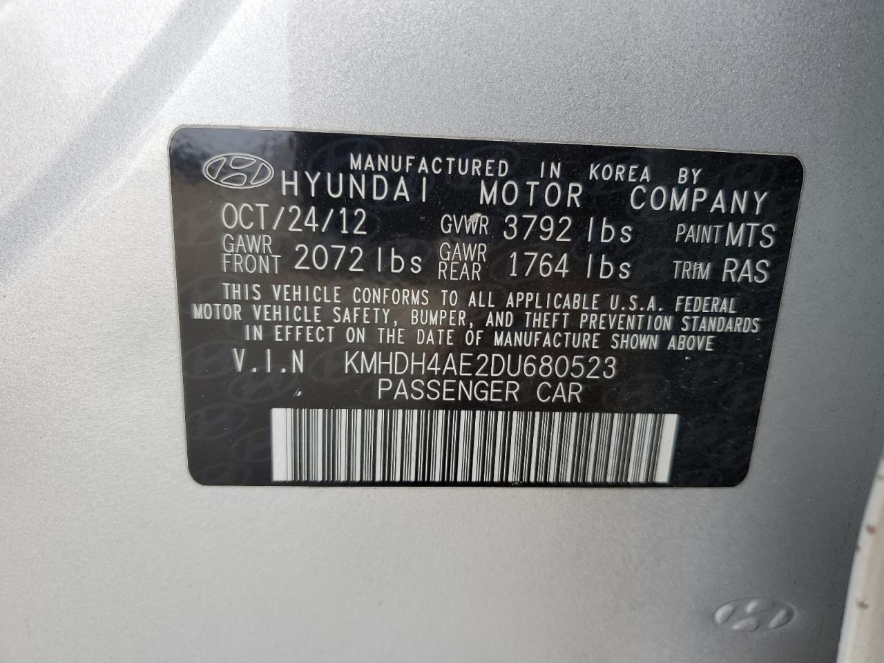 VIN KMHDH4AE2DU680523 2013 HYUNDAI ELANTRA no.12