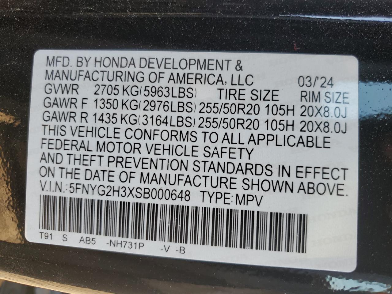 VIN 5FNYG2H3XSB000648 2025 HONDA PILOT no.13