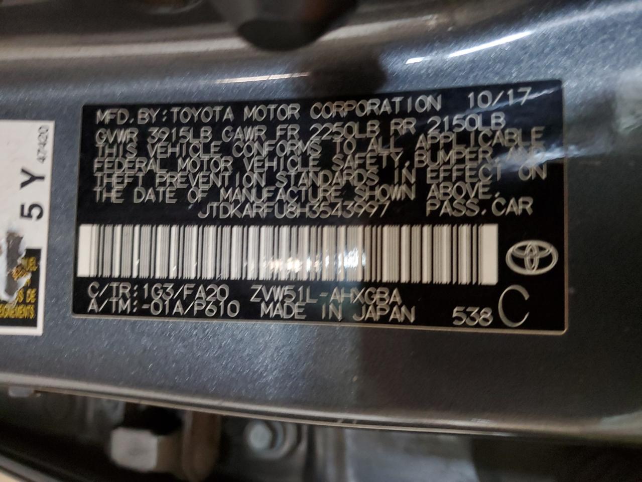 VIN JTDKARFU8H3543997 2017 TOYOTA PRIUS no.13