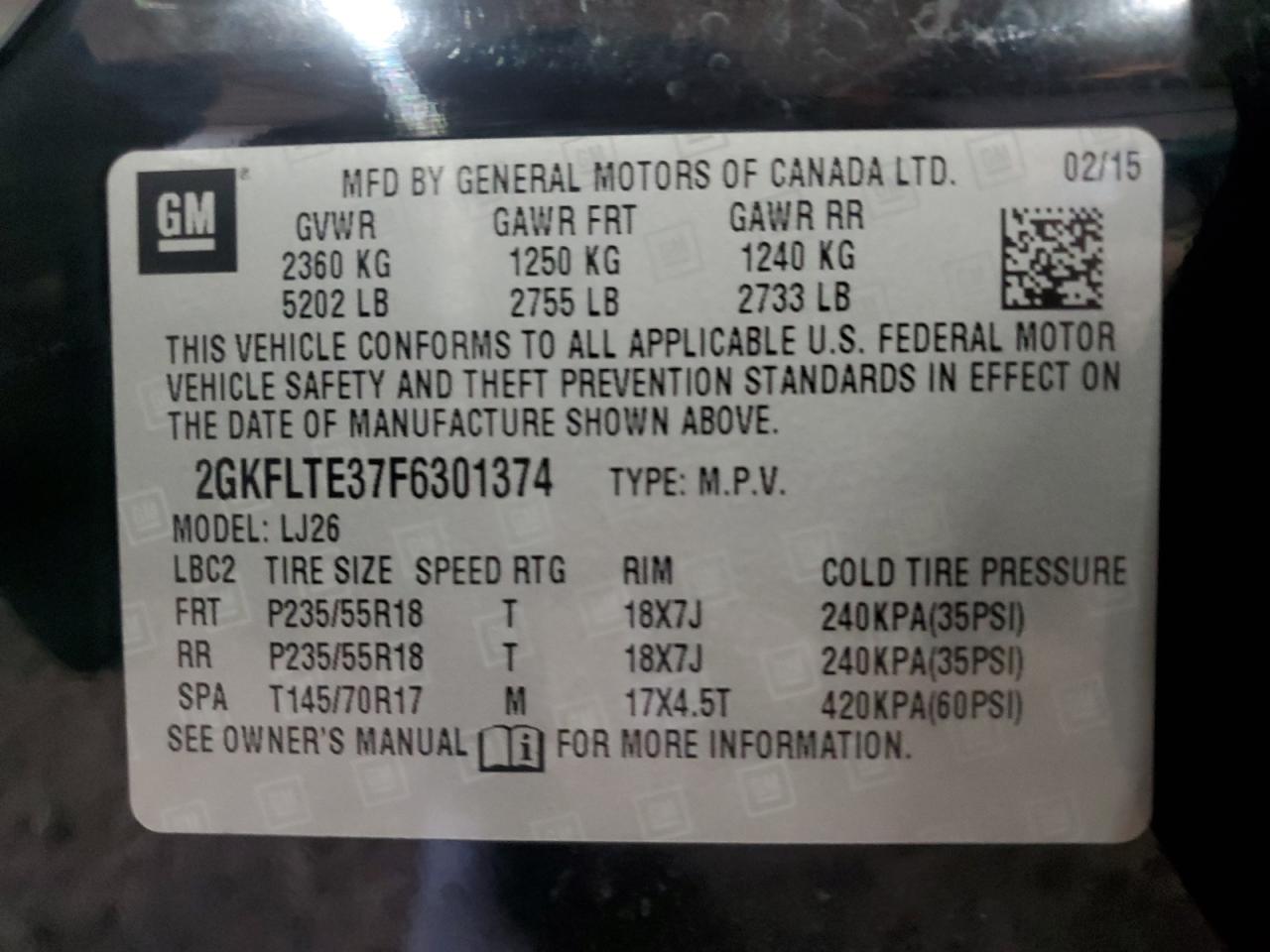 VIN 2GKFLTE37F6301374 2015 GMC TERRAIN no.12