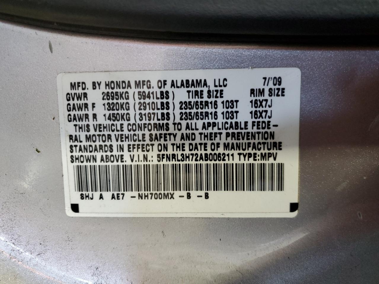 2010 Honda Odyssey Exl VIN: 5FNRL3H72AB006211 Lot: 78790684