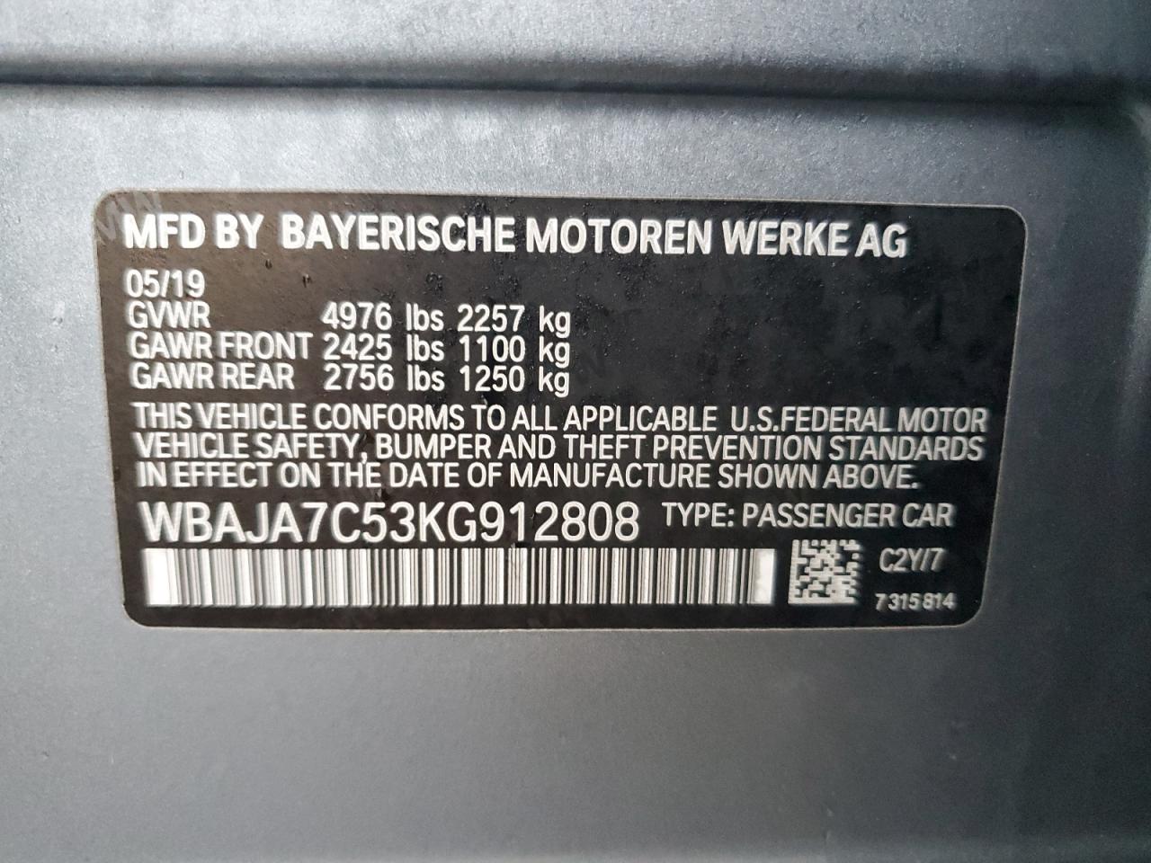 VIN WBAJA7C53KG912808 2019 BMW 5 SERIES no.12