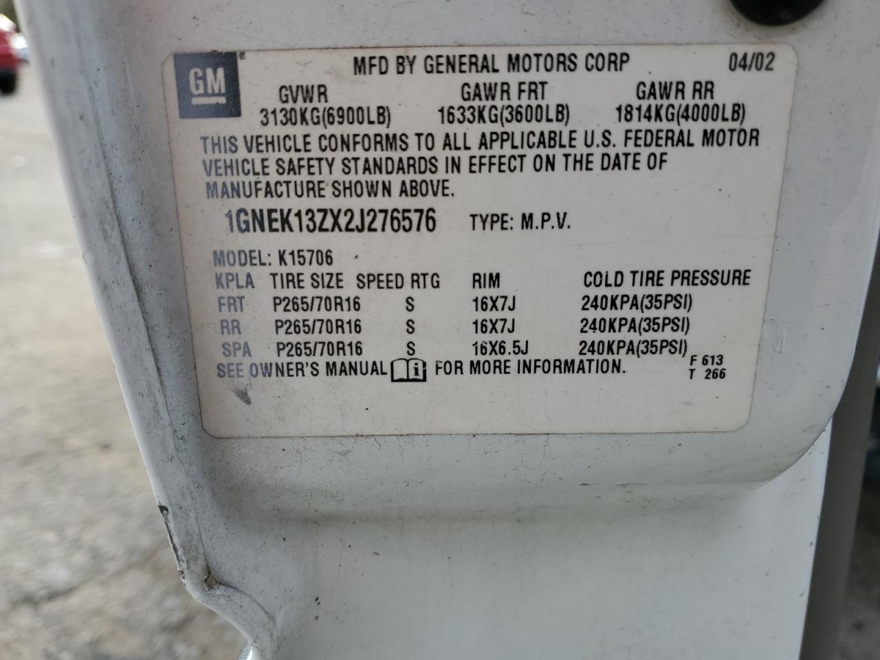 2002 Chevrolet Tahoe K1500 VIN: 1GNEK13ZX2J276576 Lot: 81530464