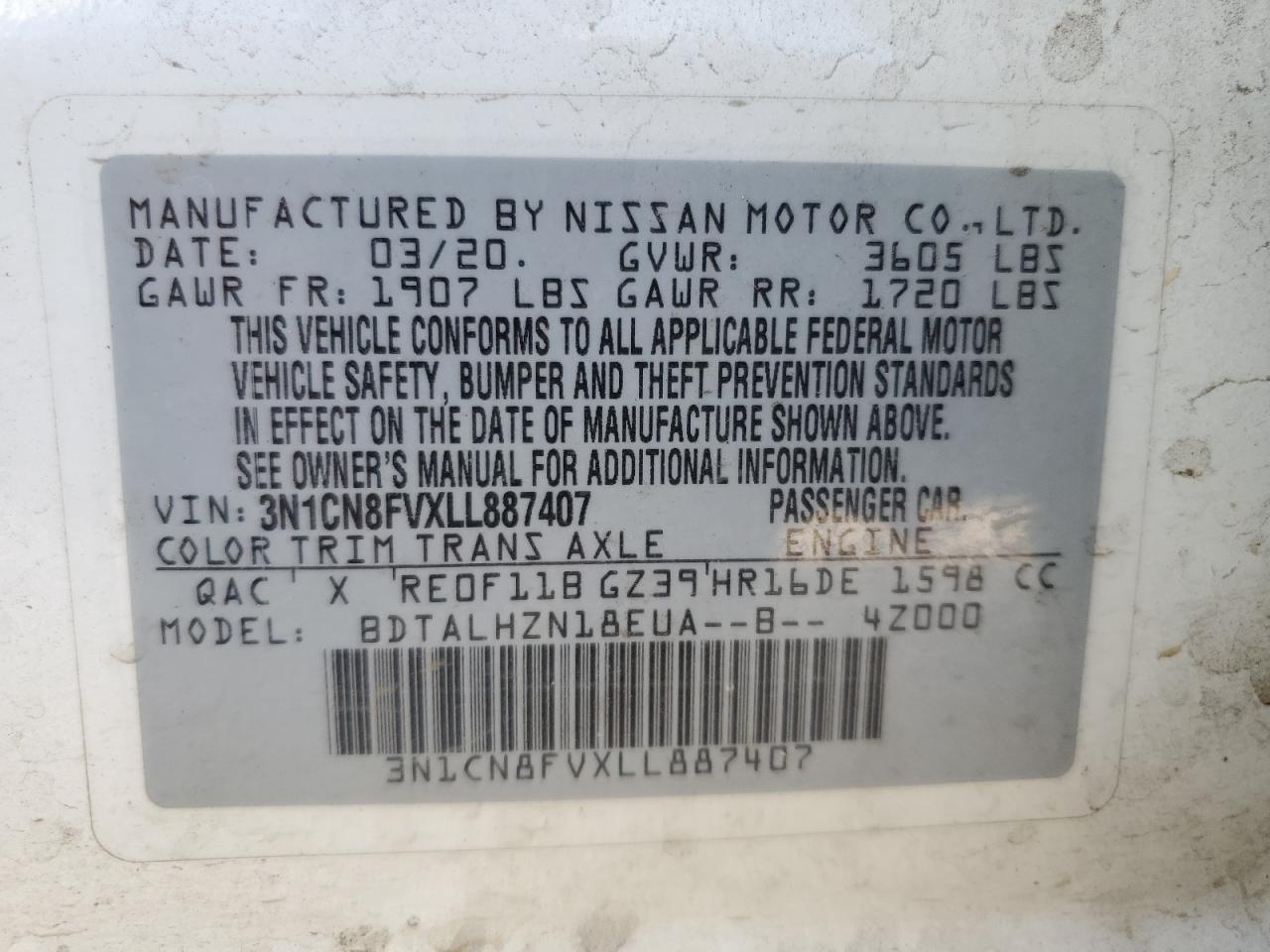 VIN 3N1CN8FVXLL887407 2020 NISSAN VERSA no.13