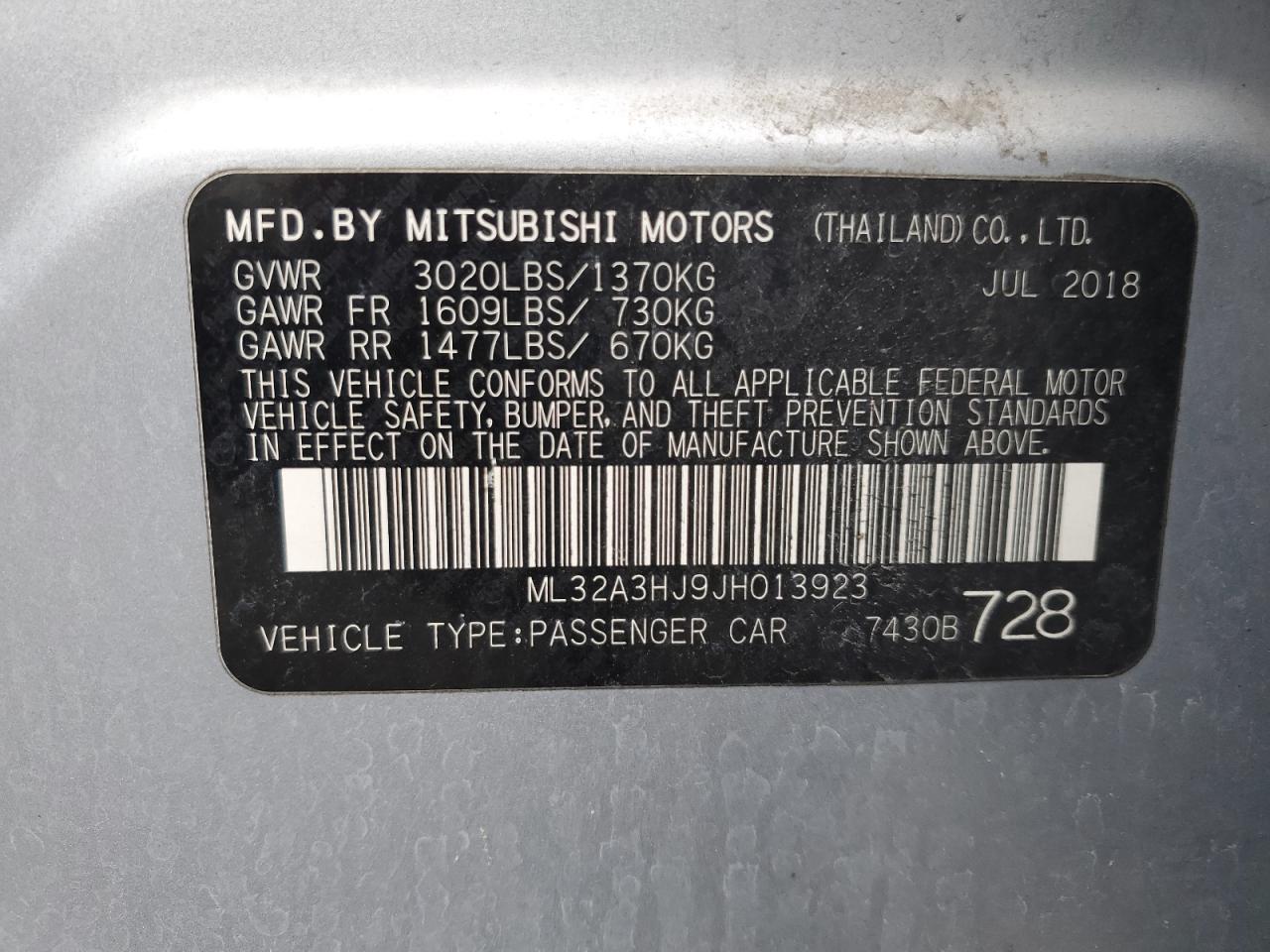 2018 Mitsubishi Mirage Es VIN: ML32A3HJ9JH013923 Lot: 80080824