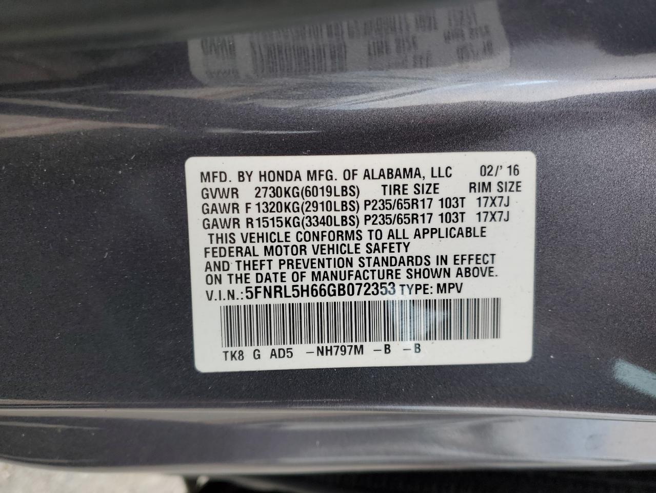 VIN 5FNRL5H66GB072353 2016 HONDA All Models no.13