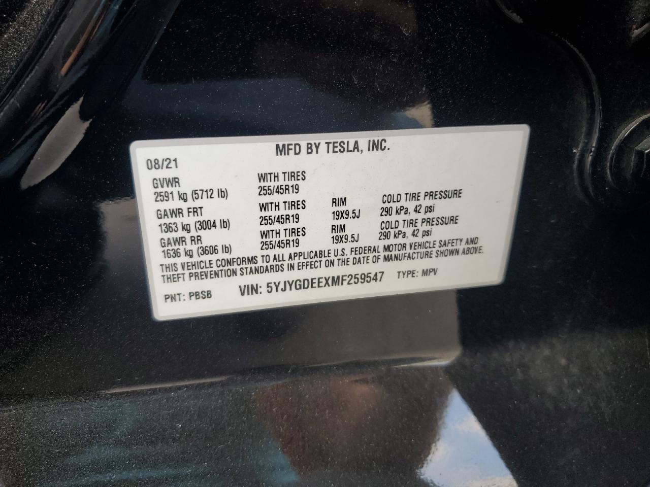 2021 Tesla Model Y VIN: 5YJYGDEEXMF259547 Lot: 78041464