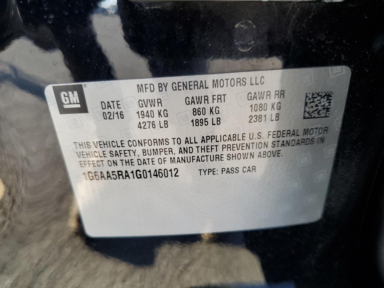 VIN 1G6AA5RA1G0146012 2016 CADILLAC ATS no.12