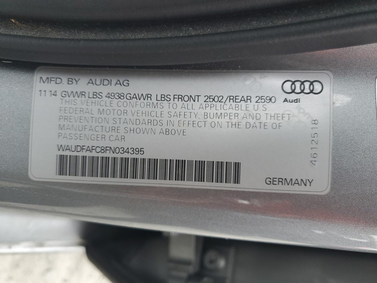 2015 Audi A6 Premium Plus VIN: WAUDFAFC8FN034395 Lot: 80427614