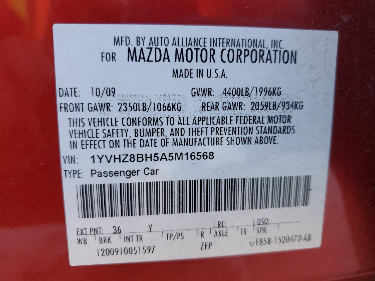 2010 Mazda 6 I VIN: 1YVHZ8BH5A5M16568 Lot: 80030384