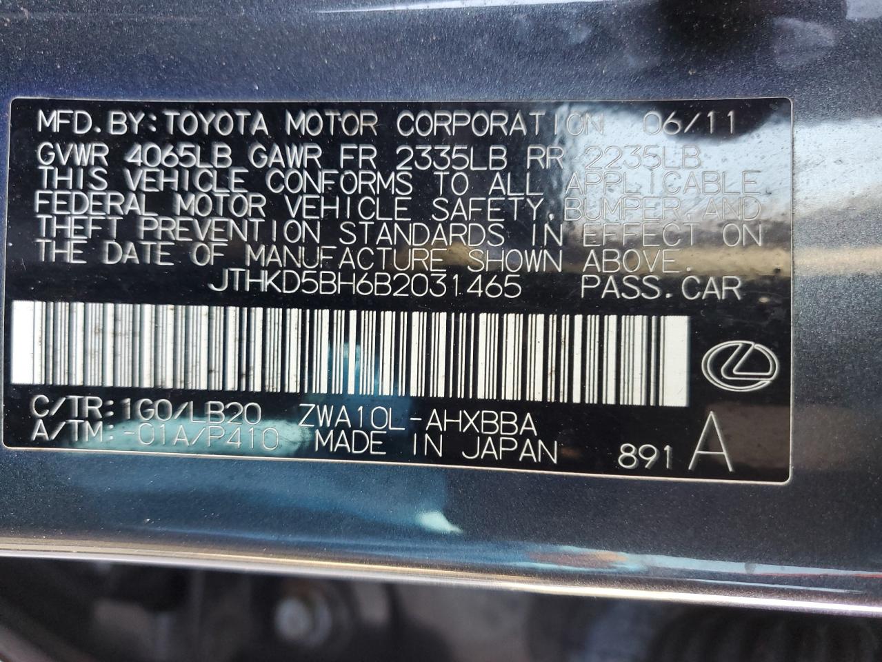 2011 Lexus Ct 200 VIN: JTHKD5BH6B2031465 Lot: 81028674