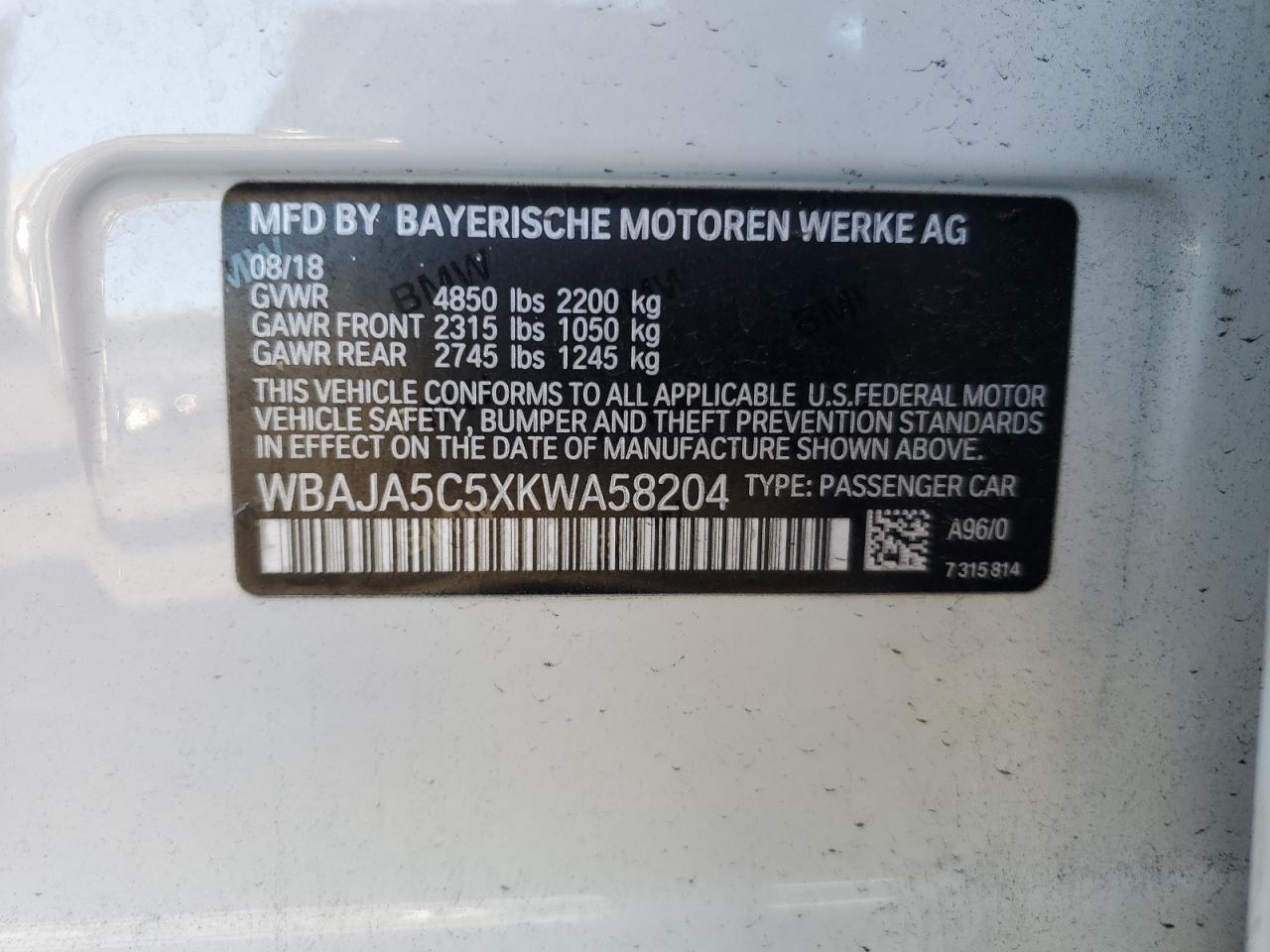 2019 BMW 530 I VIN: WBAJA5C5XKWA58204 Lot: 81590244